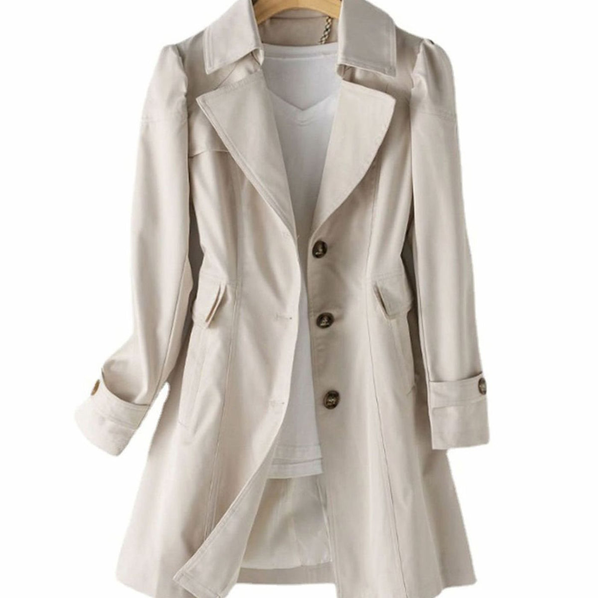 Women's Tailored Trench Coat with Antique-Gold Buttons - Ivory