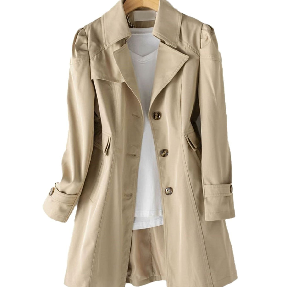 Women's Tailored Trench Coat with Antique-Gold Buttons - Khaki