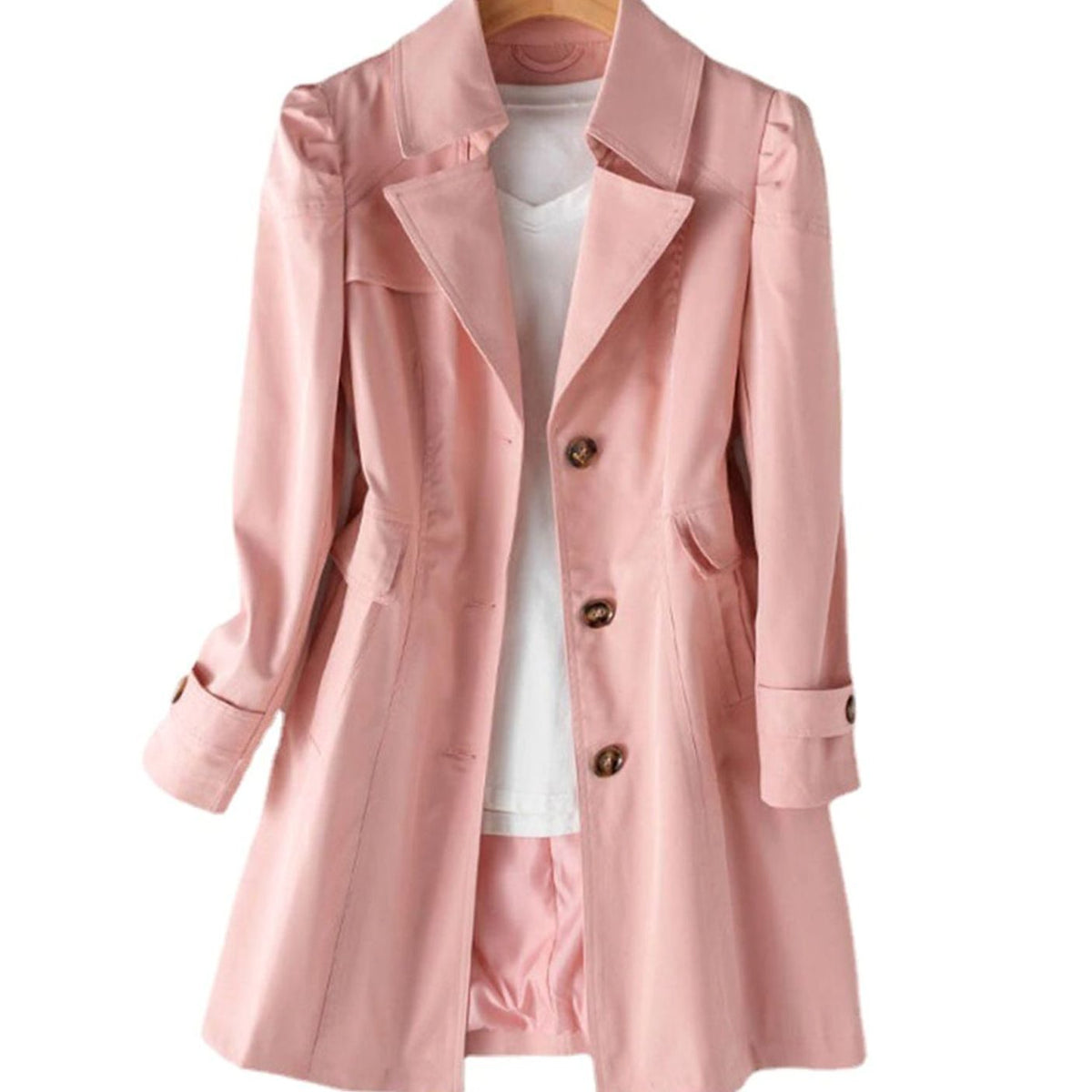 Women's Tailored Trench Coat with Antique-Gold Buttons - Pink