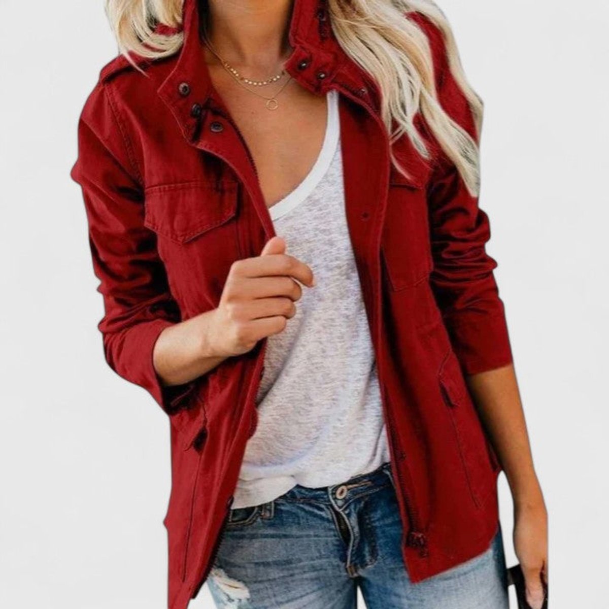 Women's Lightweight Utility Jacket with Drawstring Waist - Red