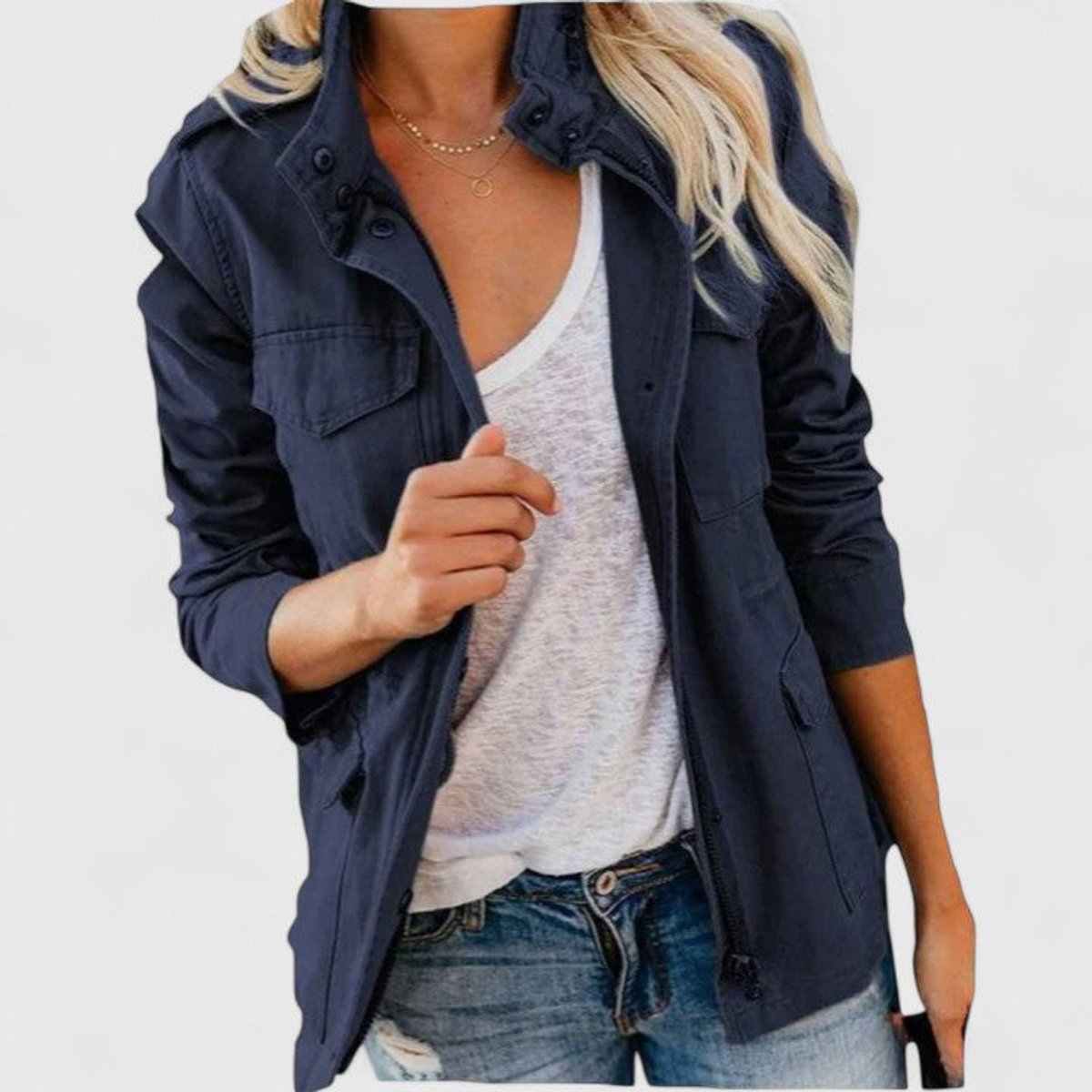 Women's Lightweight Utility Jacket with Drawstring Waist - Navy Blue