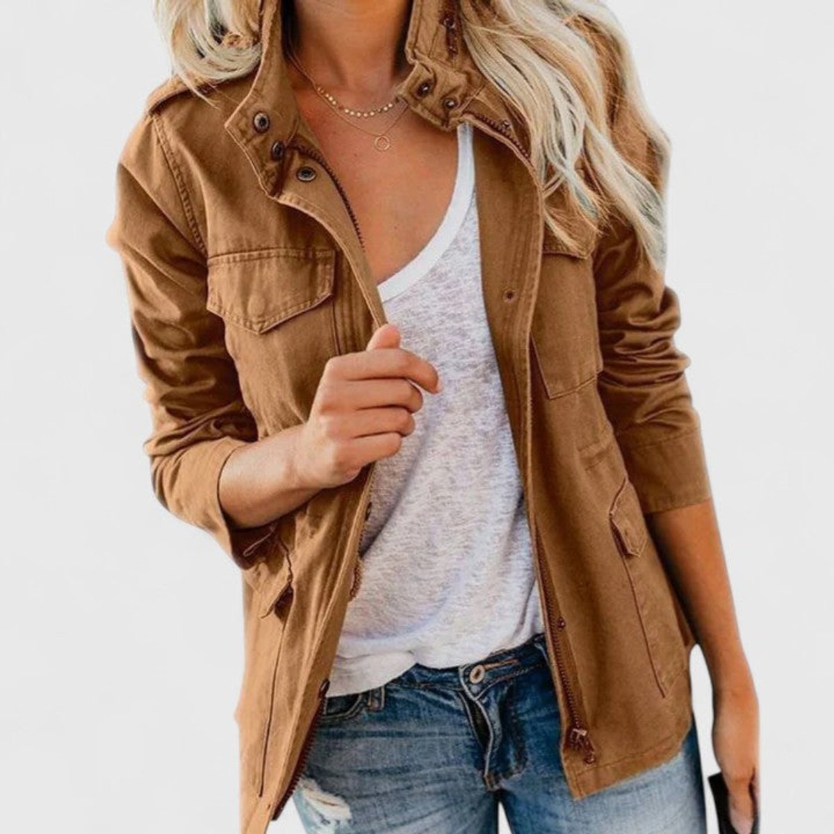Women's Lightweight Utility Jacket with Drawstring Waist - Khaki