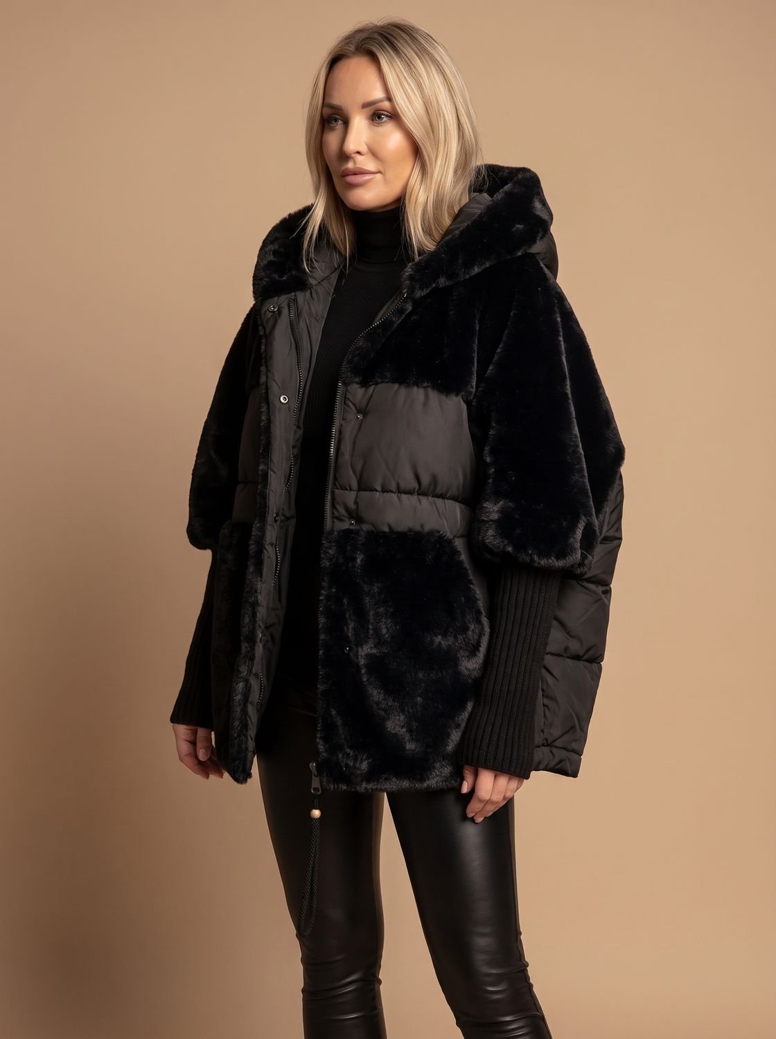 Women's Oversized Faux Fur Hooded Puffer Coat - Beige