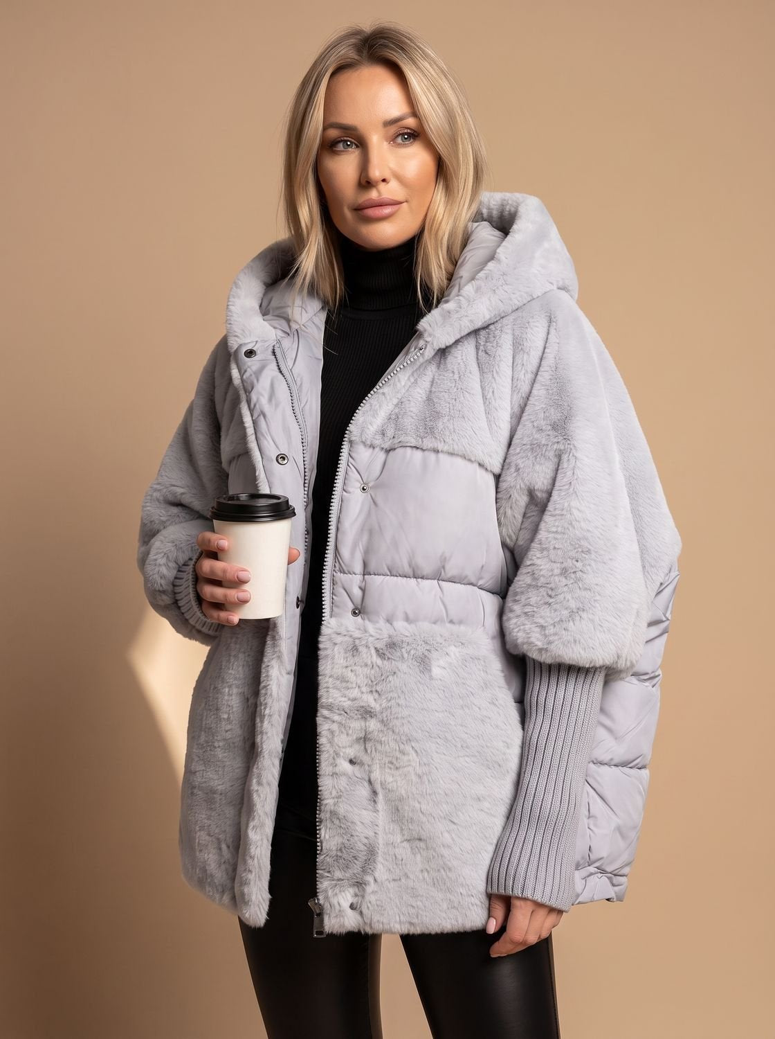 Women's Oversized Faux Fur Hooded Puffer Coat - Gray