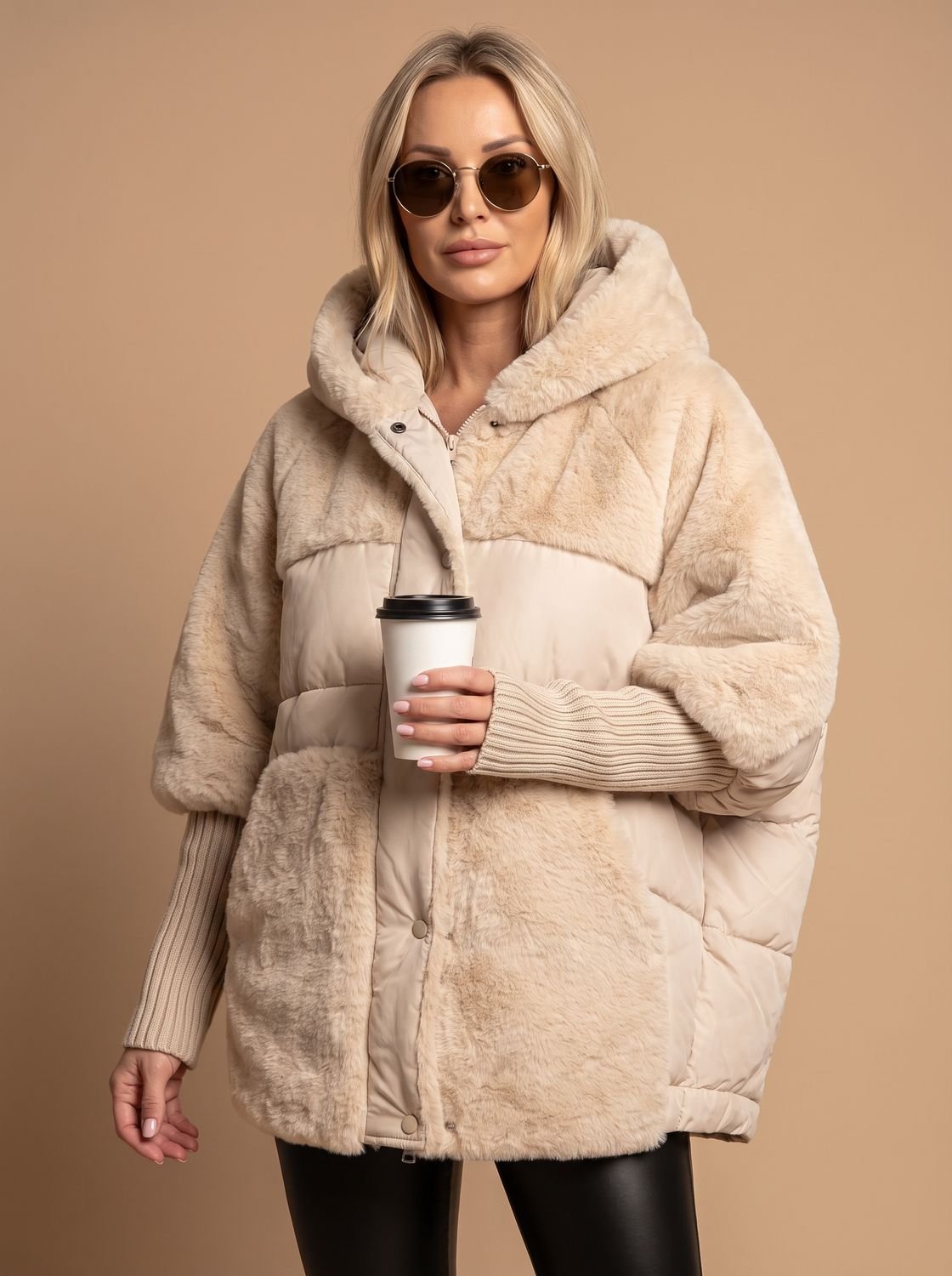 Women's Oversized Faux Fur Hooded Puffer Coat - Dark Khaki