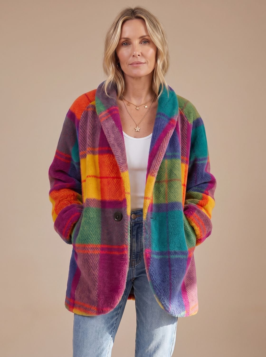 Women's Multicolor Plaid Fleece Button-Front Coat - Sun