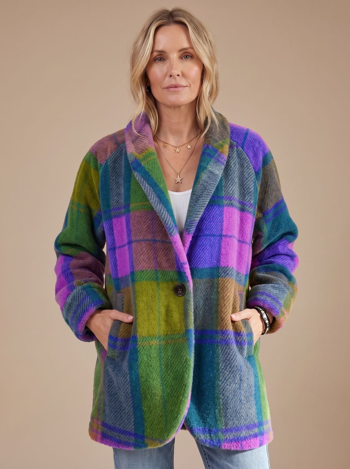 Women's Multicolor Plaid Fleece Button-Front Coat - Neptune