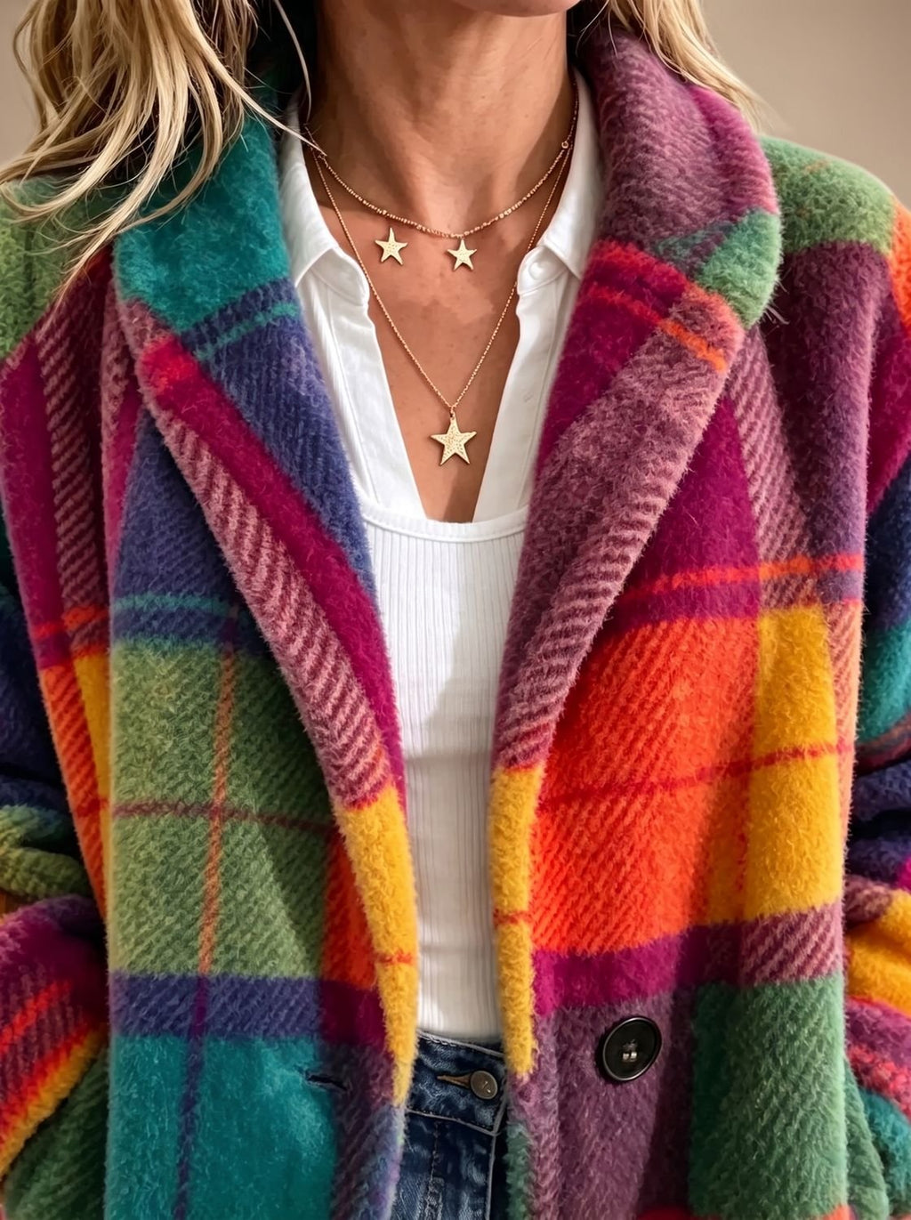 Women's Multicolor Plaid Fleece Button-Front Coat