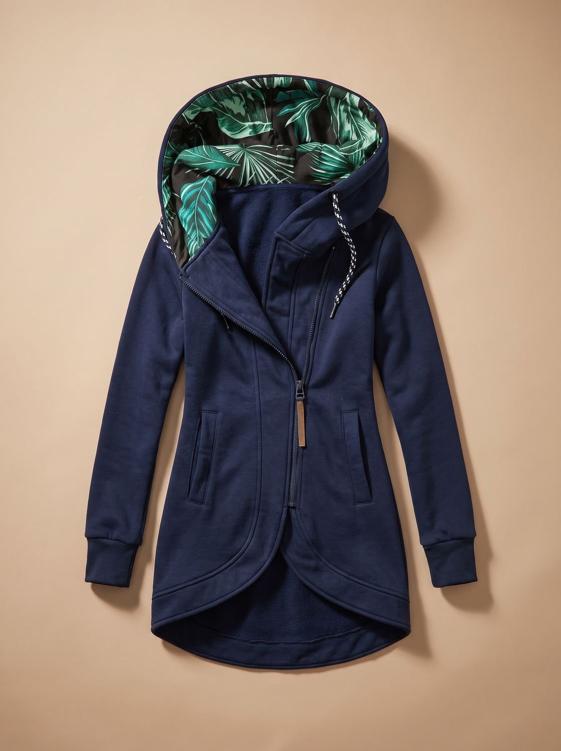 Women's Zip-Up Hooded Jacket with Tropical Print Lining - Navy Blue