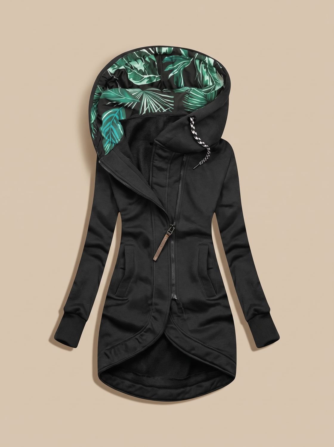 Women's Zip-Up Hooded Jacket with Tropical Print Lining - Black