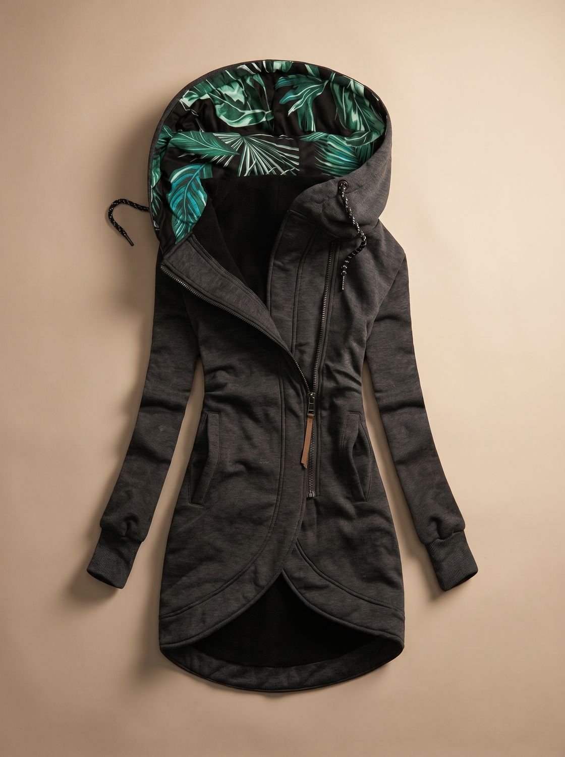 Women's Zip-Up Hooded Jacket with Tropical Print Lining - Gray