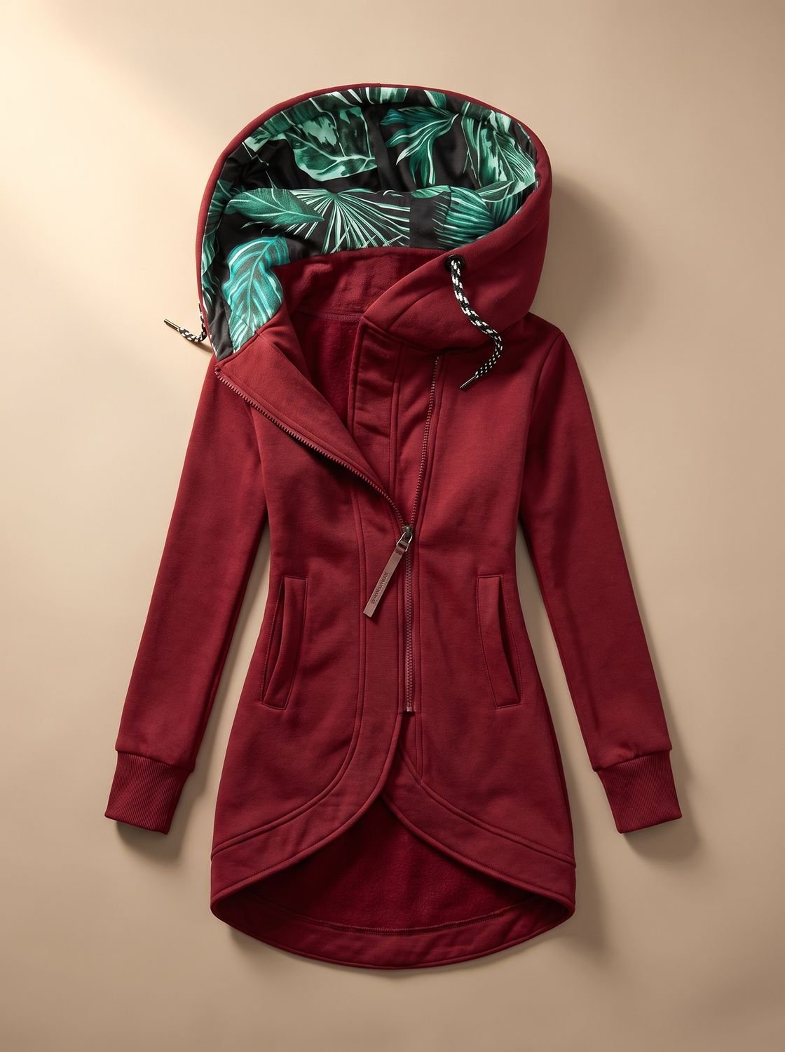 Women's Zip-Up Hooded Jacket with Tropical Print Lining - Burgundy