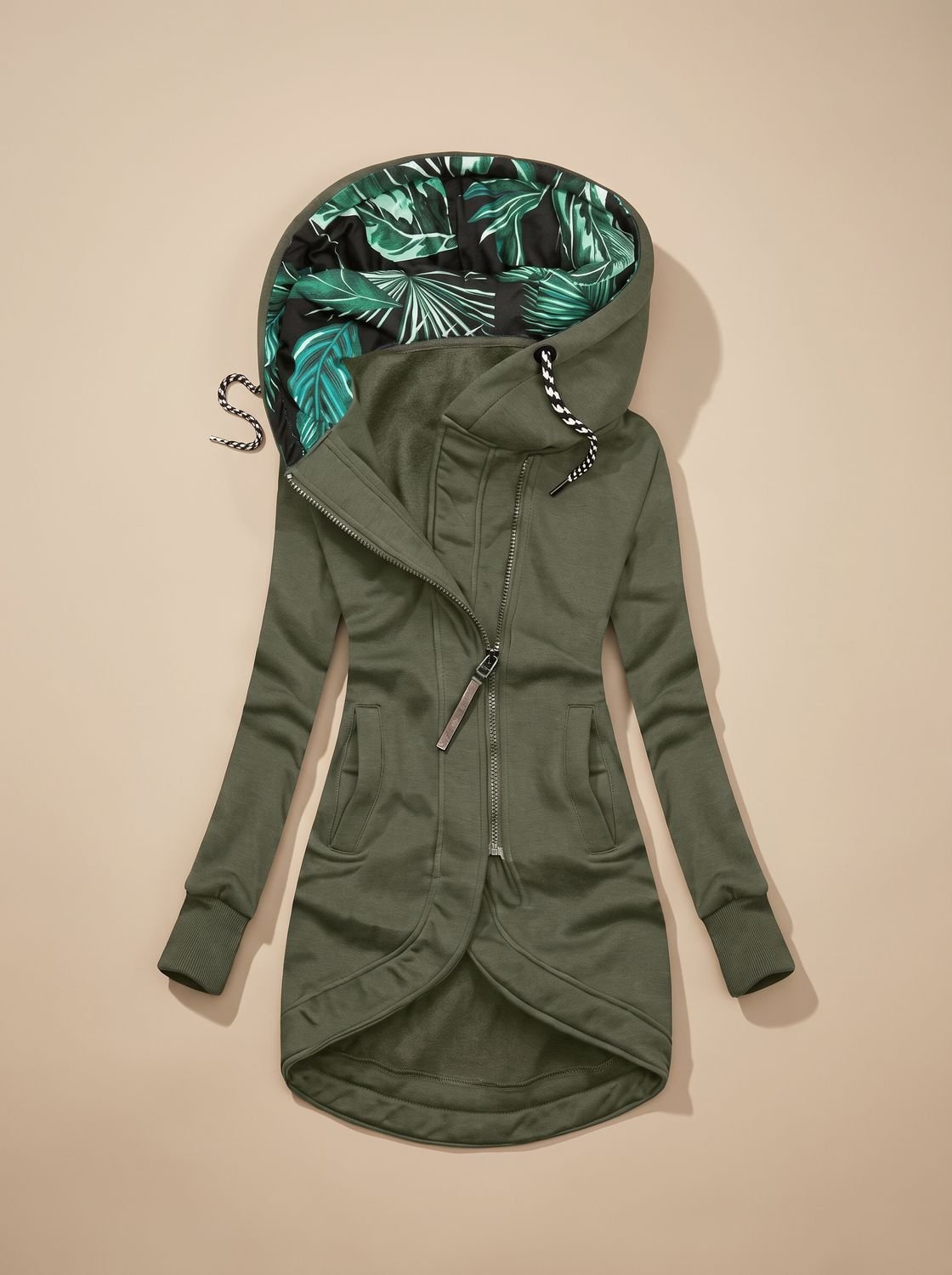 Women's Zip-Up Hooded Jacket with Tropical Print Lining - Olive Green