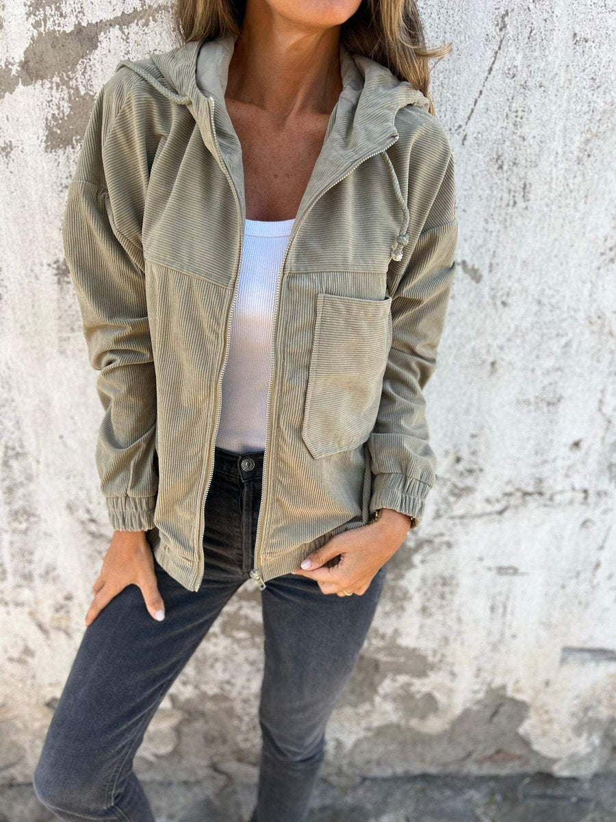 Women's Corduroy Hooded Quilted Jacket - Green