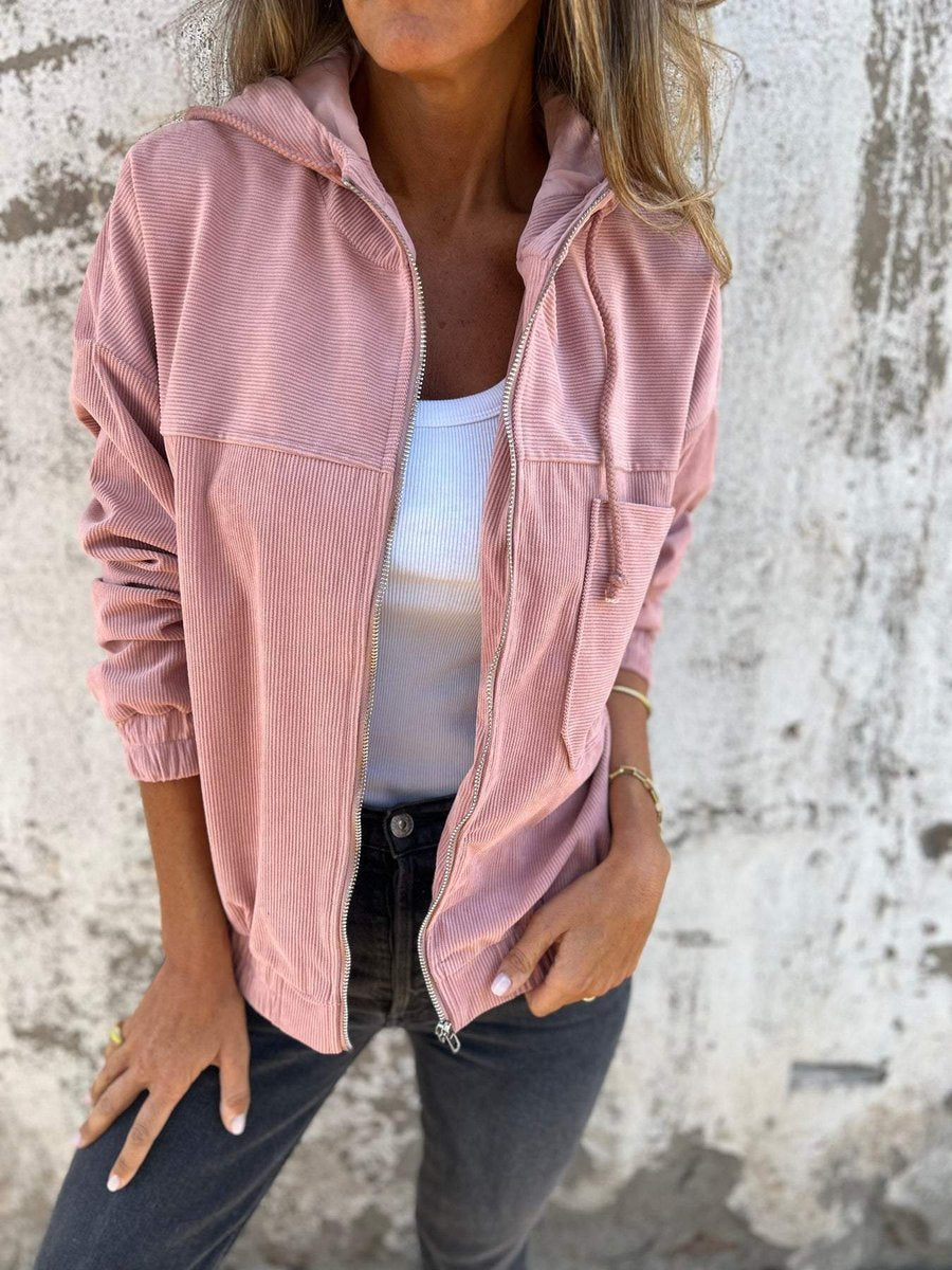 Women's Corduroy Hooded Quilted Jacket - Pink