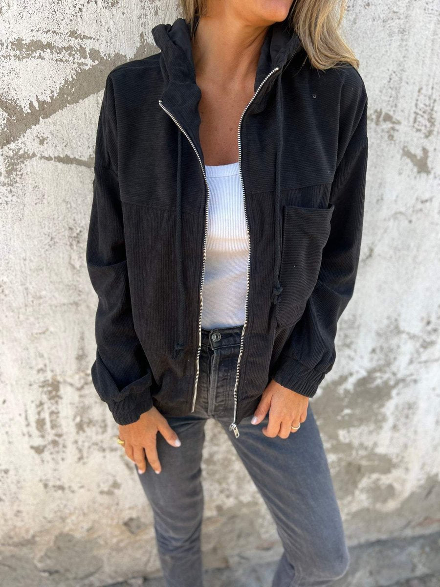 Women's Corduroy Hooded Quilted Jacket - Black