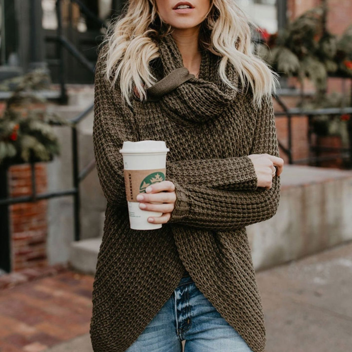 Women's Chunky Knit Cowl-Neck Wrap-Front Cardigan - Army Green