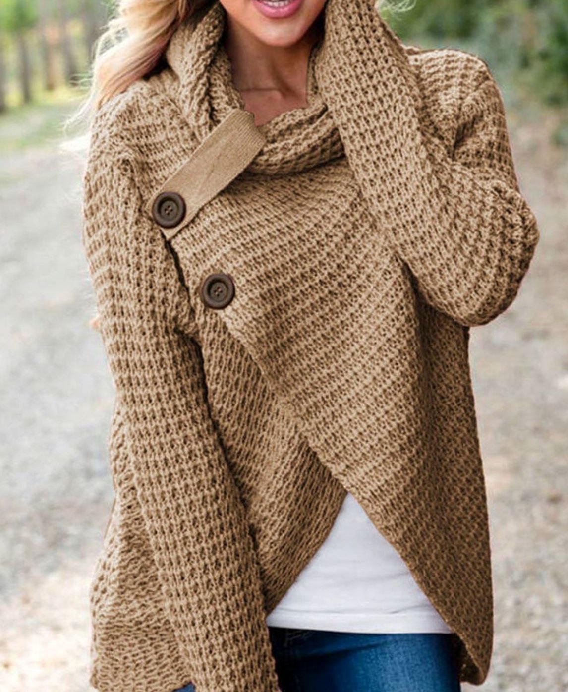 Women's Chunky Knit Cowl-Neck Wrap-Front Cardigan - Dark Green