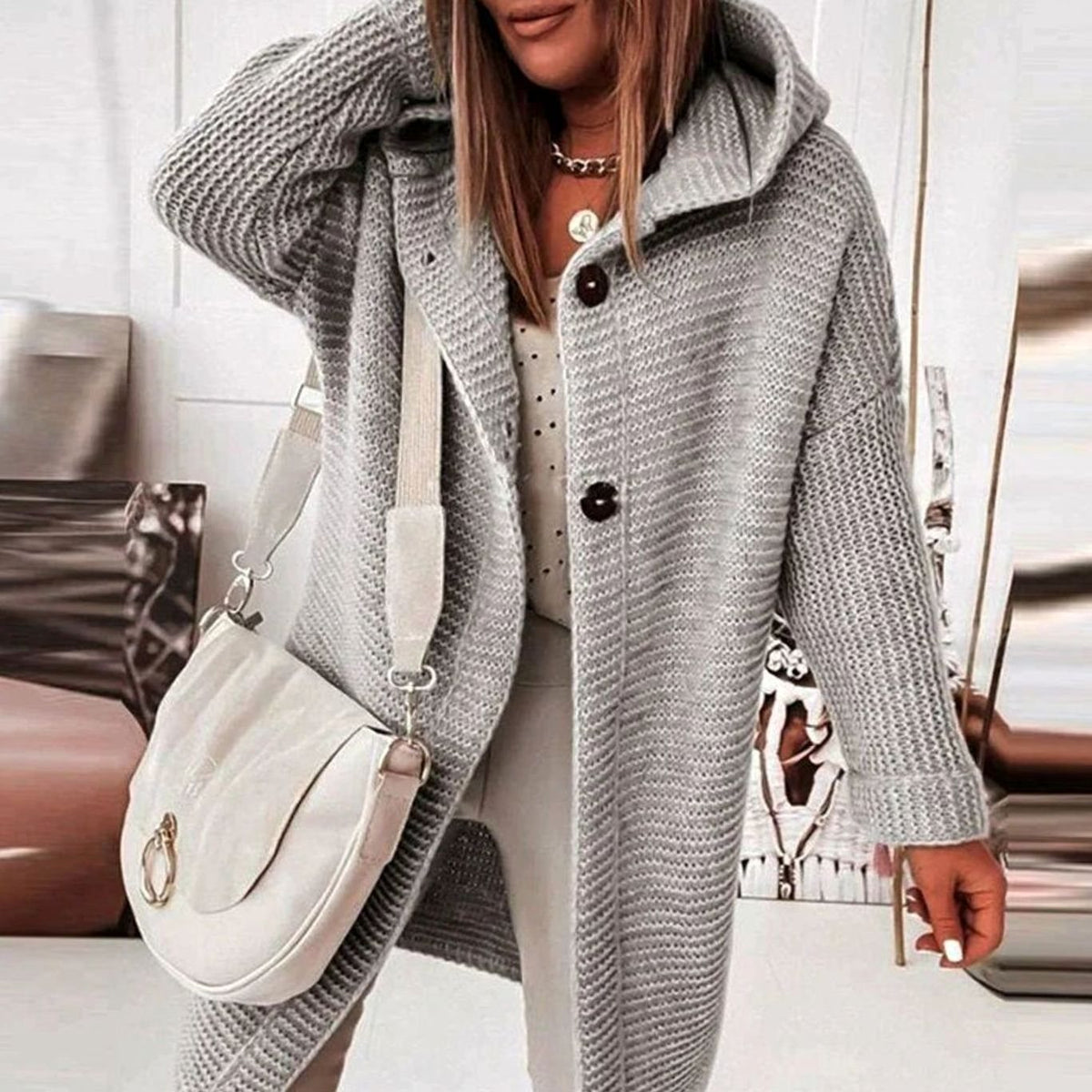 Women's Hooded Chunky Knit Cardigan with Toggle Buttons - Gray