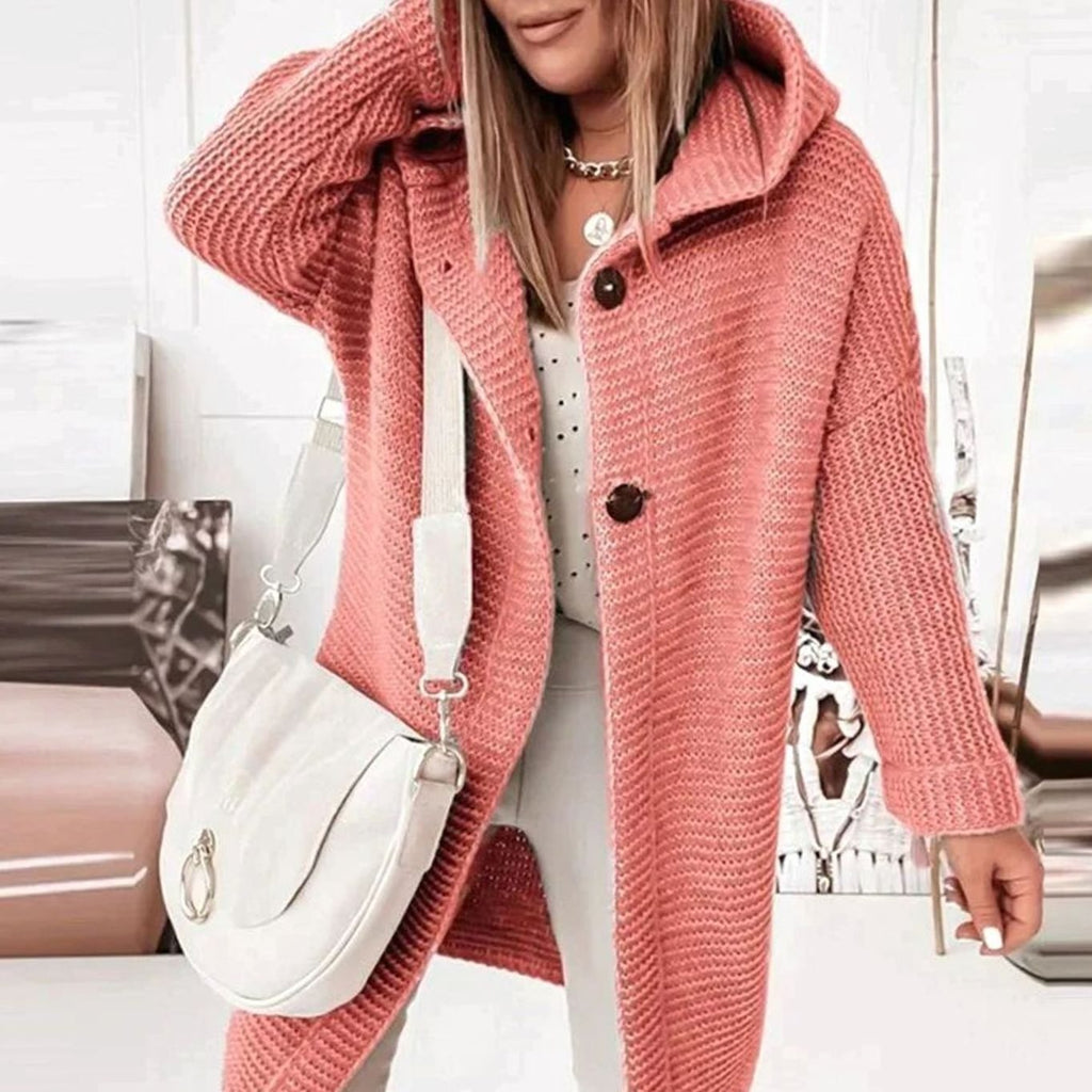 Women's Hooded Chunky Knit Cardigan with Toggle Buttons - Red