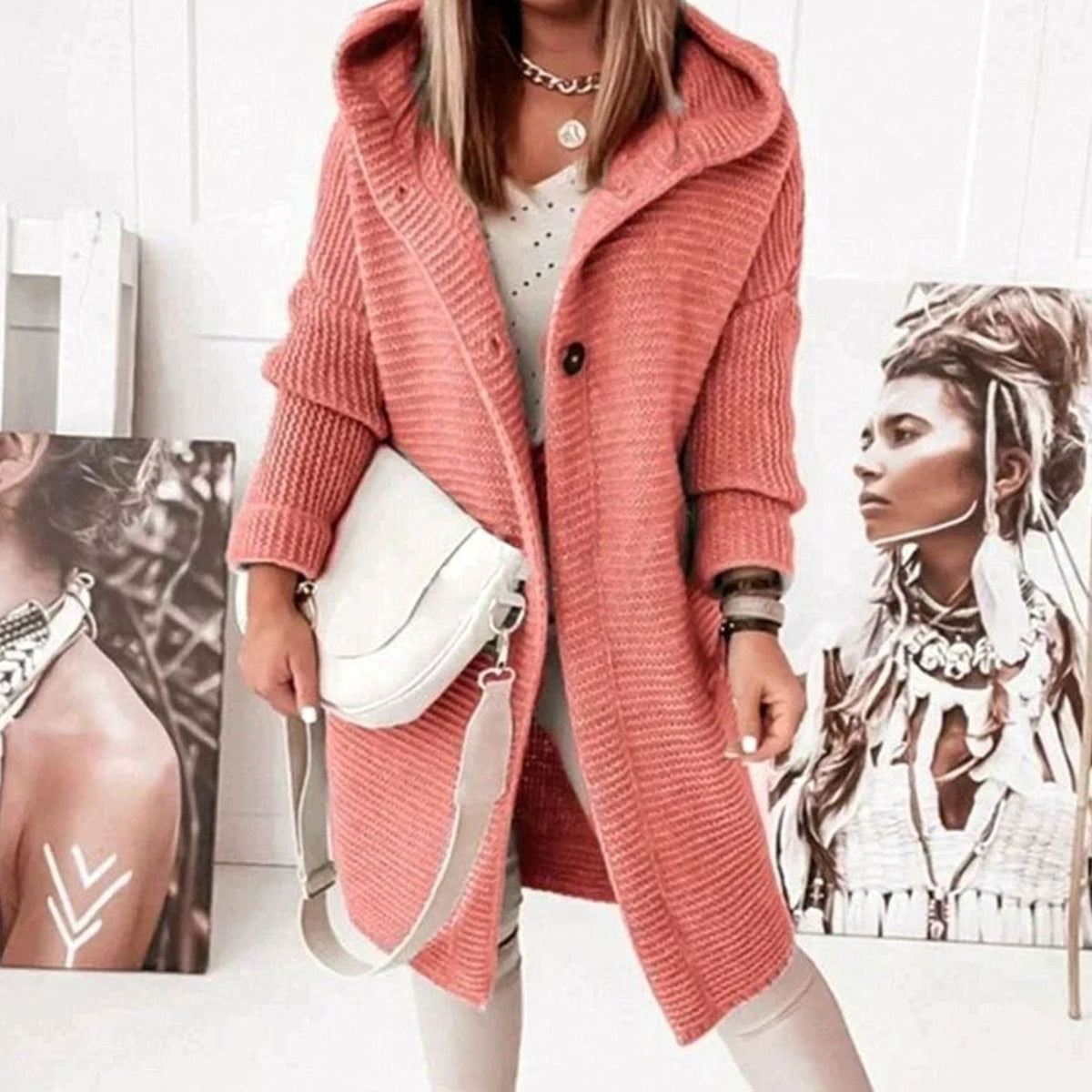Women's Hooded Chunky Knit Cardigan with Toggle Buttons - Pink