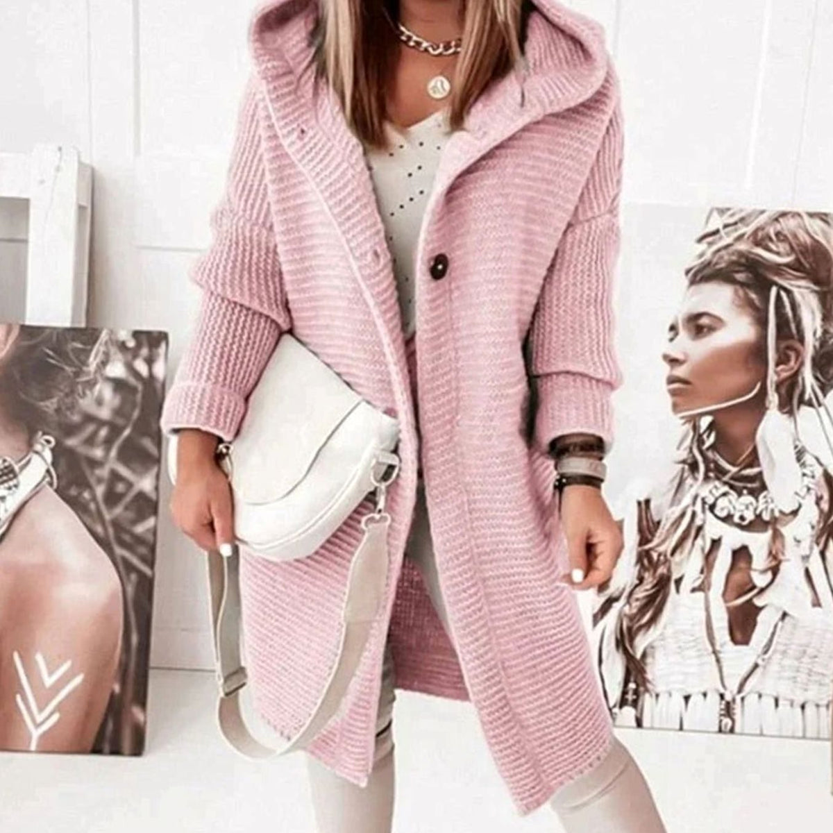Women's Hooded Chunky Knit Cardigan with Toggle Buttons - Light Blue