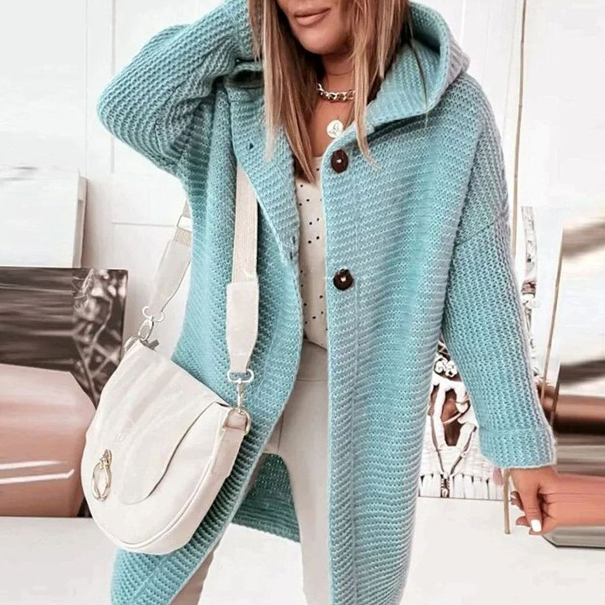 Women's Hooded Chunky Knit Cardigan with Toggle Buttons - Light Brown