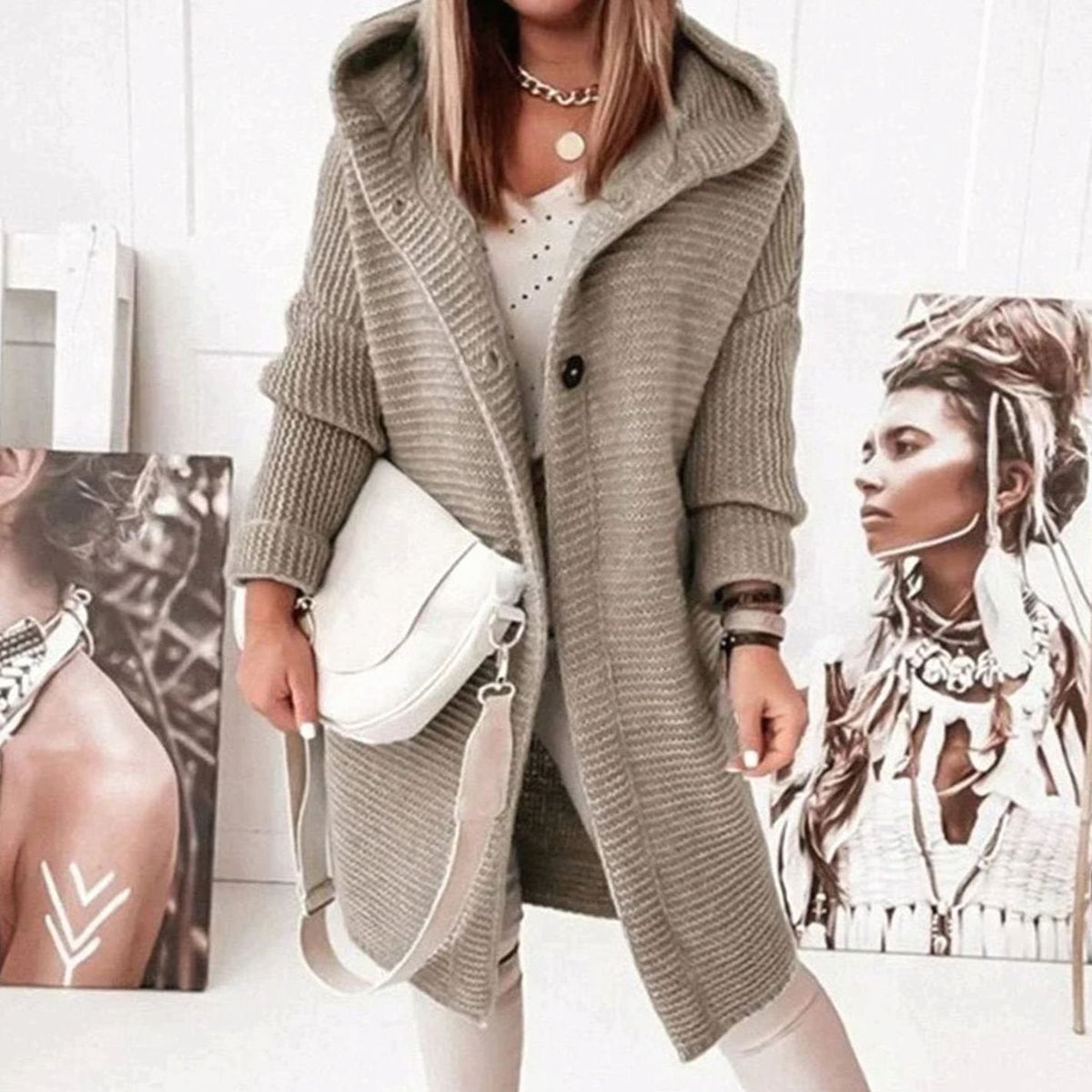 Women's Hooded Chunky Knit Cardigan with Toggle Buttons