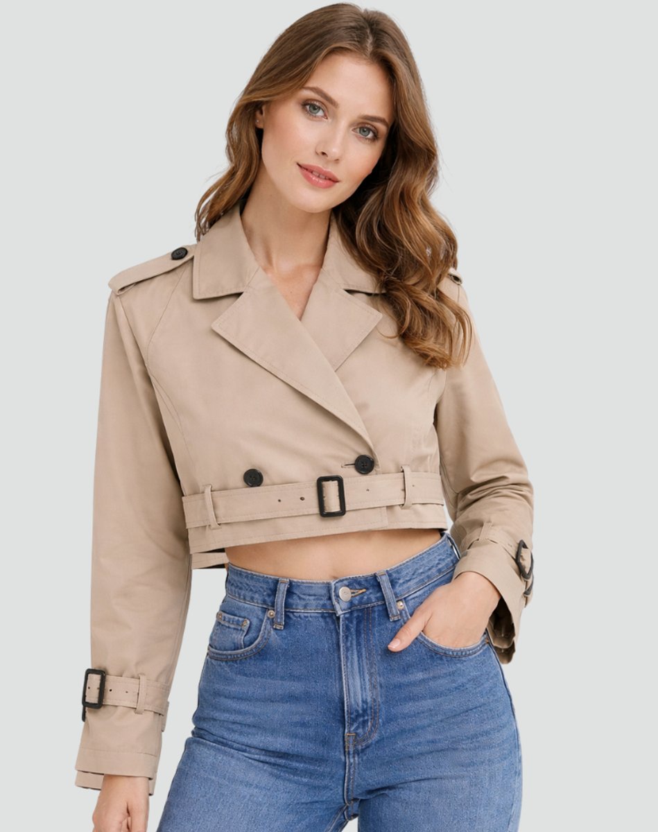 Women's Cropped Double-Breasted Belted Trench Coat - Khaki