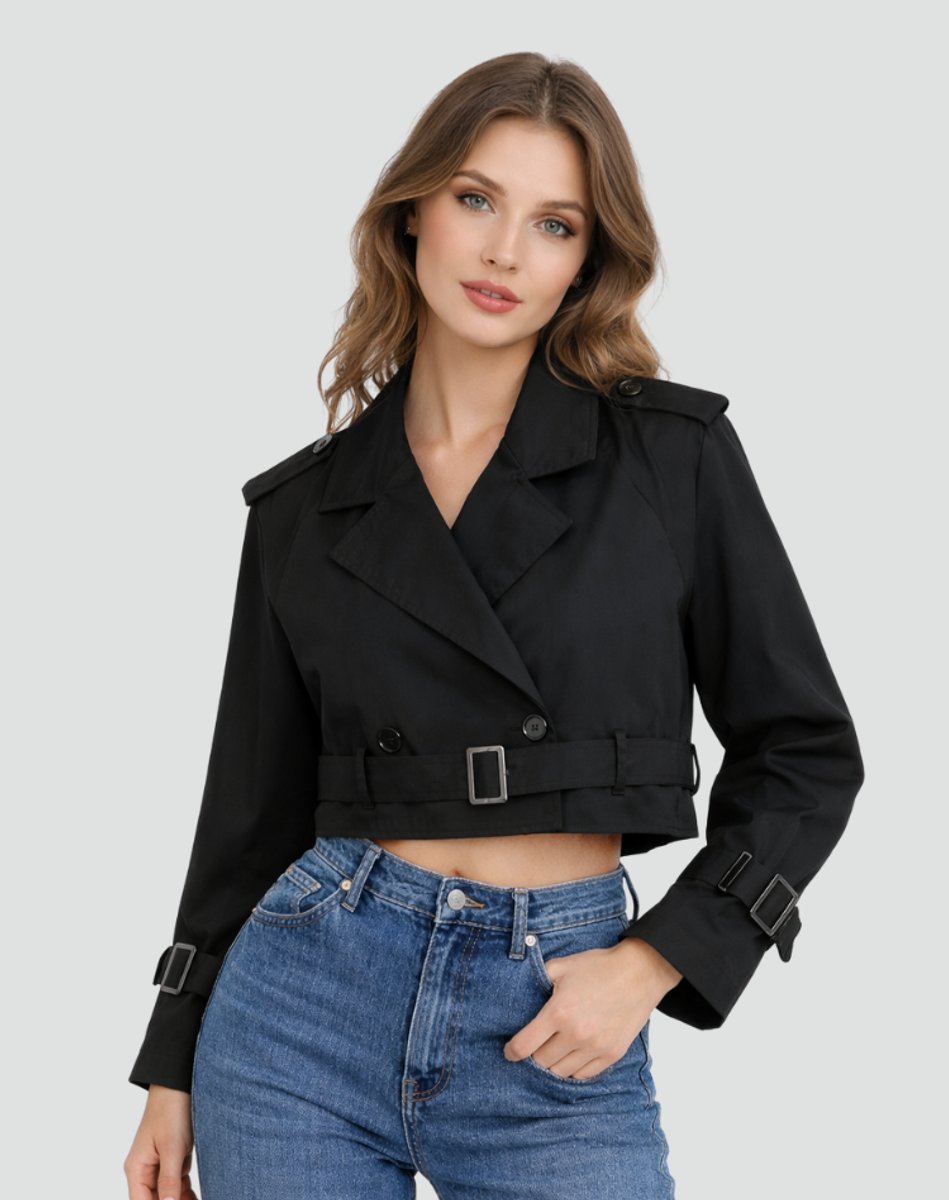 Women's Cropped Double-Breasted Belted Trench Coat