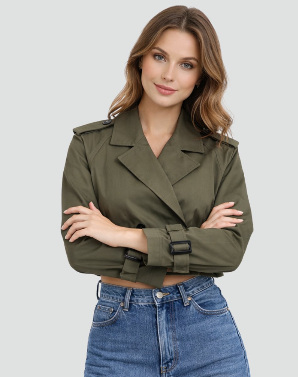Women's Cropped Double-Breasted Belted Trench Coat - Army Green