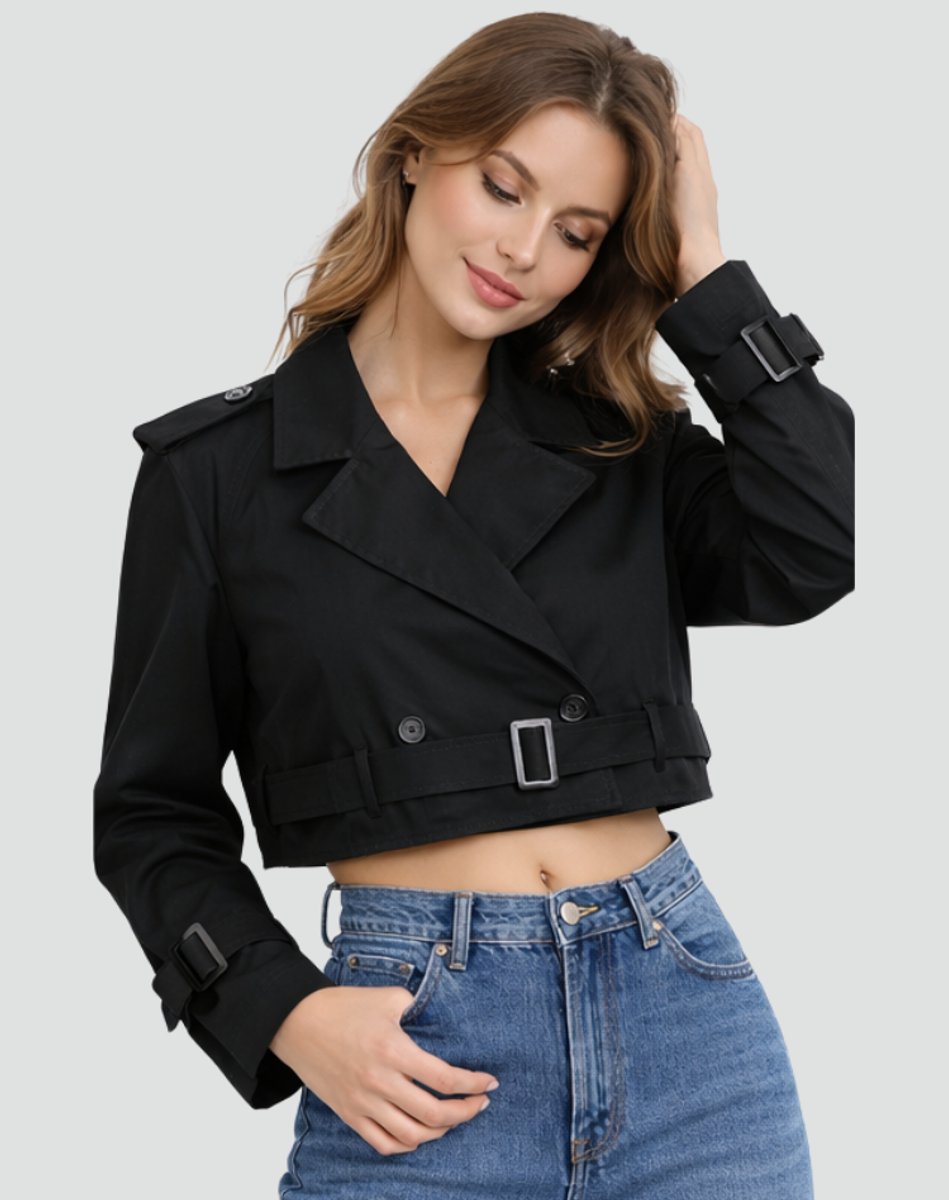 Women's Cropped Double-Breasted Belted Trench Coat - Black