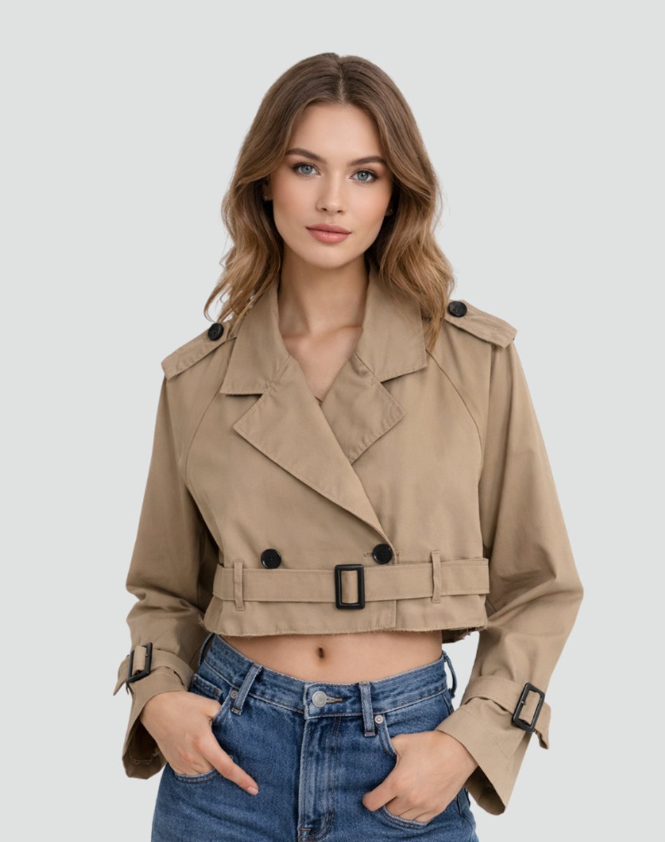 Women's Cropped Double-Breasted Belted Trench Coat - Brown
