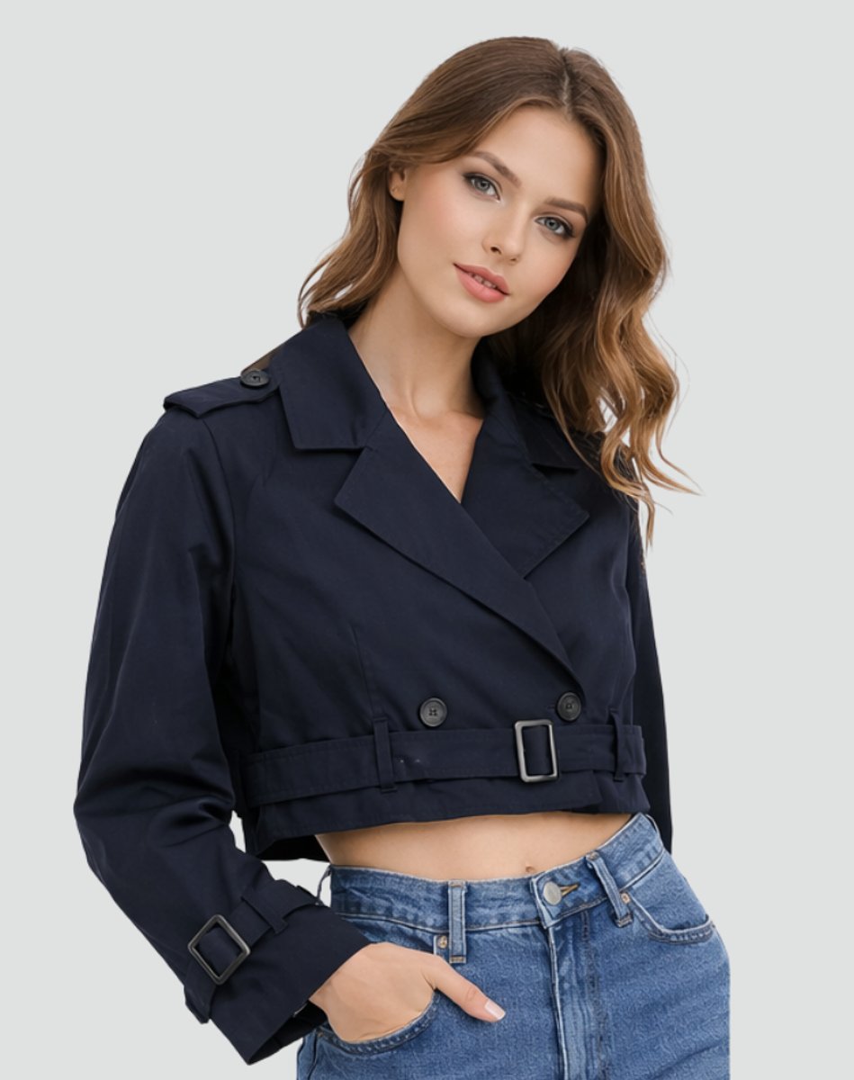 Women's Cropped Double-Breasted Belted Trench Coat - Navy Blue