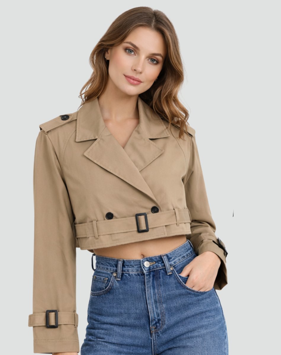 Women's Cropped Double-Breasted Belted Trench Coat