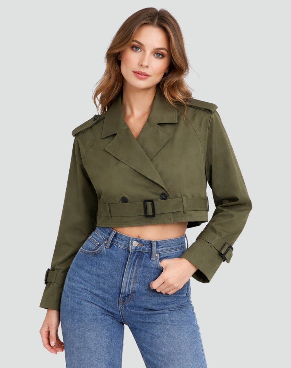 Women's Cropped Double-Breasted Belted Trench Coat