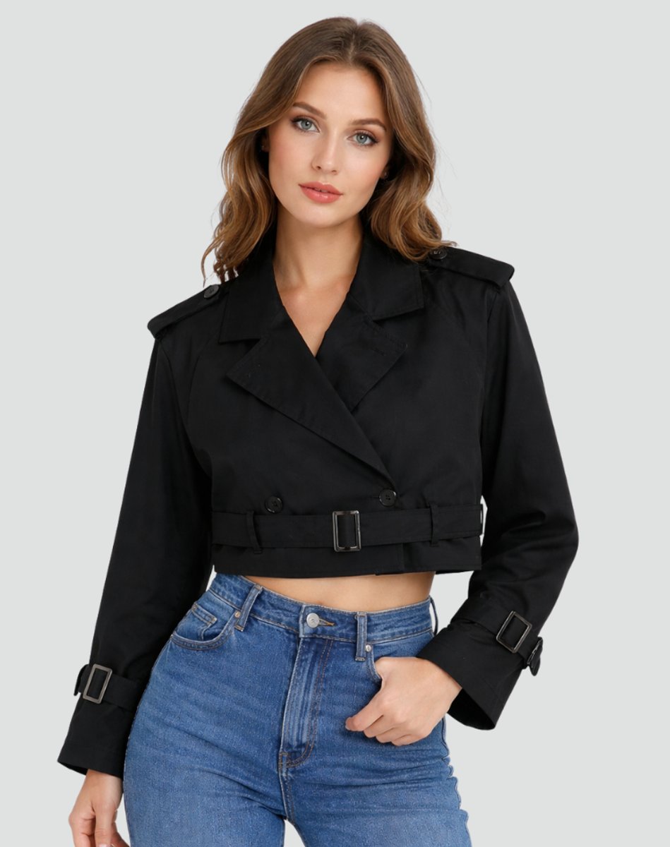 Women's Cropped Double-Breasted Belted Trench Coat