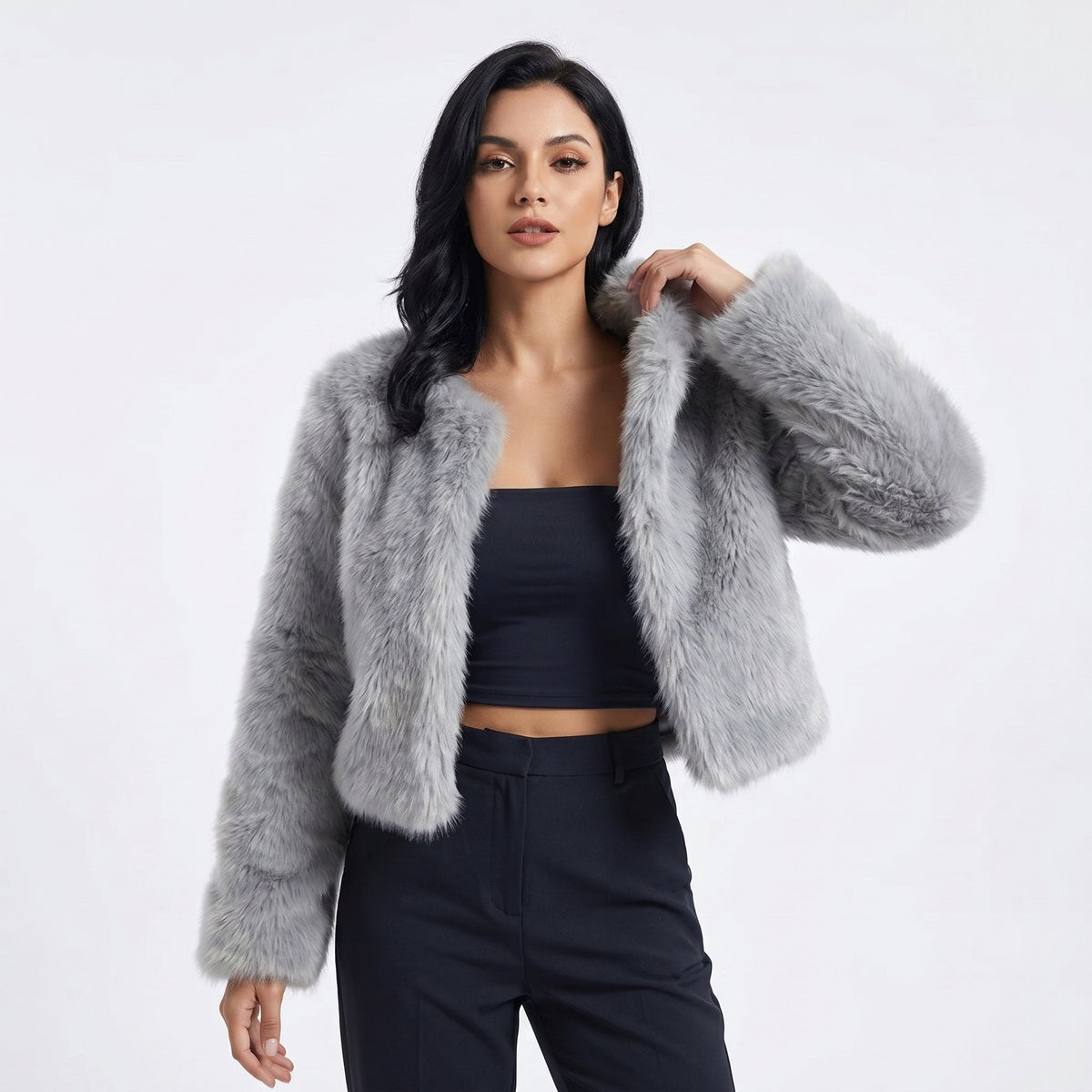 Women's Cropped Faux Fur Cardigan Jacket - Gray