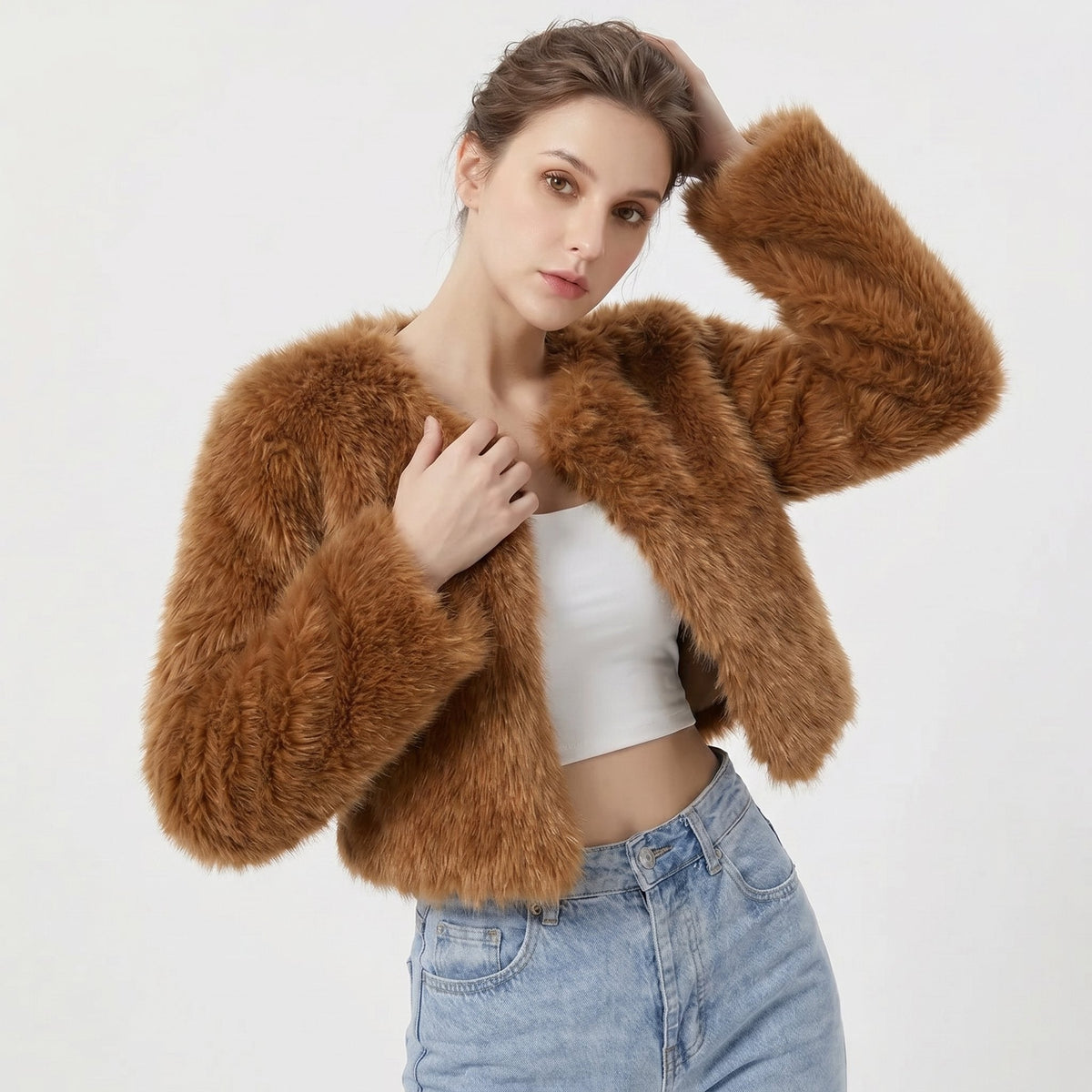 Women's Cropped Faux Fur Cardigan Jacket - Dark Curry