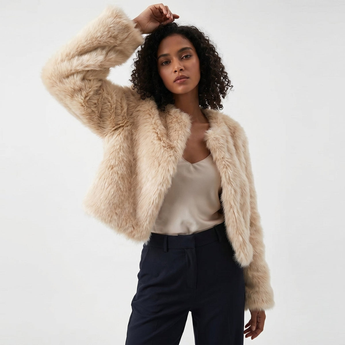 Women's Cropped Faux Fur Cardigan Jacket - Apricot