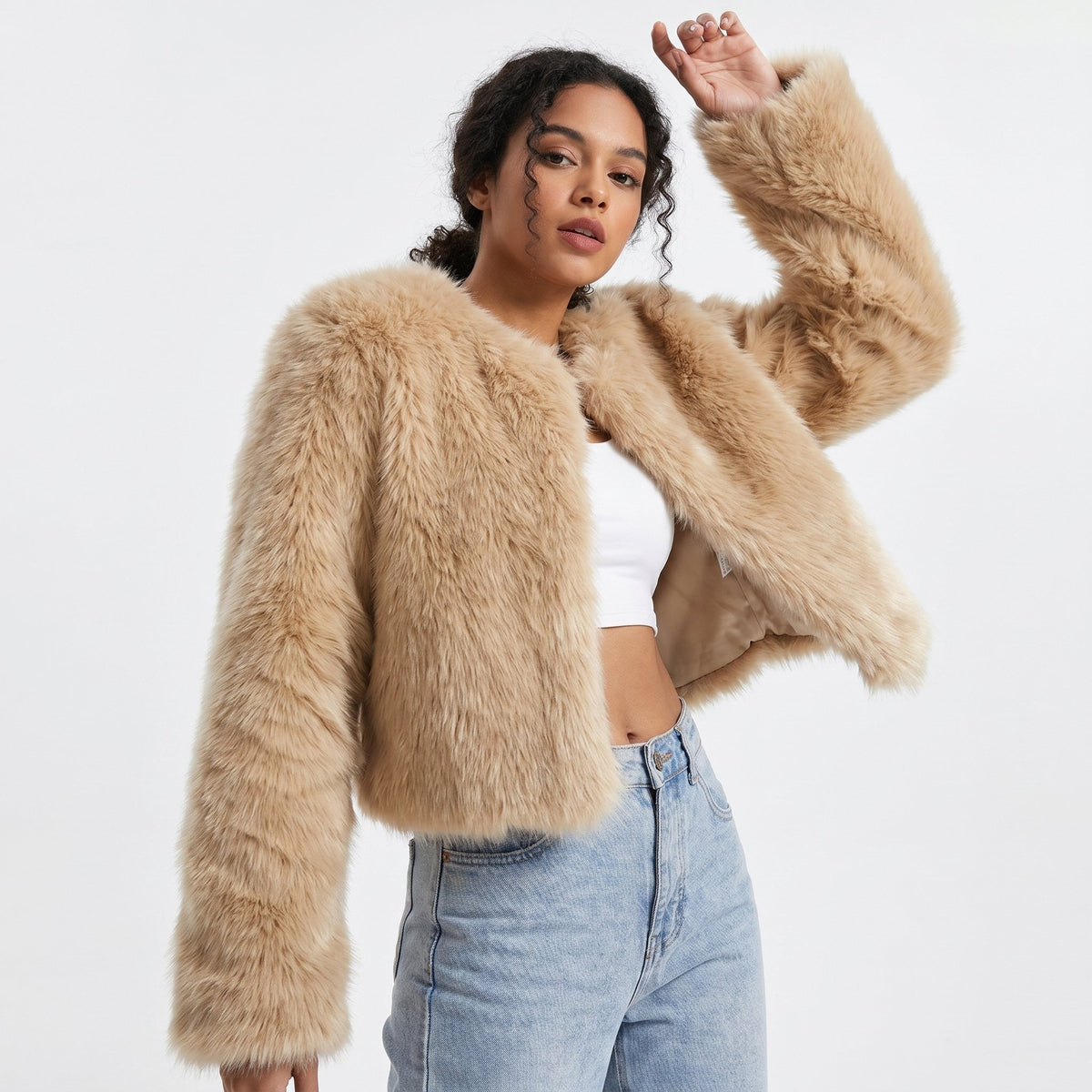 Women's Cropped Faux Fur Cardigan Jacket - Pale Curry
