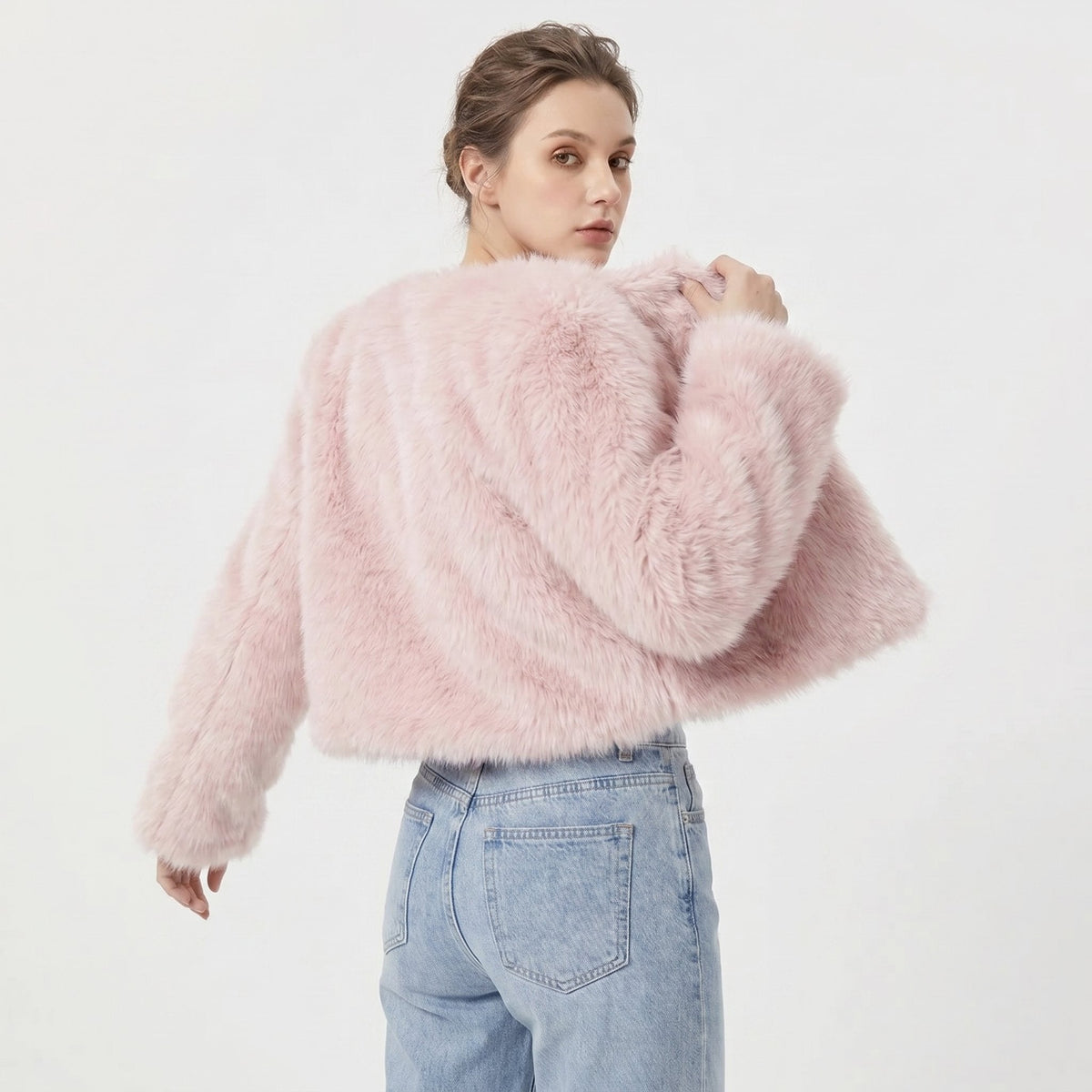 Women's Cropped Faux Fur Cardigan Jacket - Pink