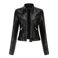 Women's Cropped Stand-Collar Faux Leather Jacket - Black