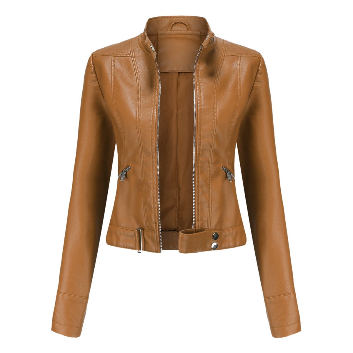 Women's Cropped Stand-Collar Faux Leather Jacket - Light Brown