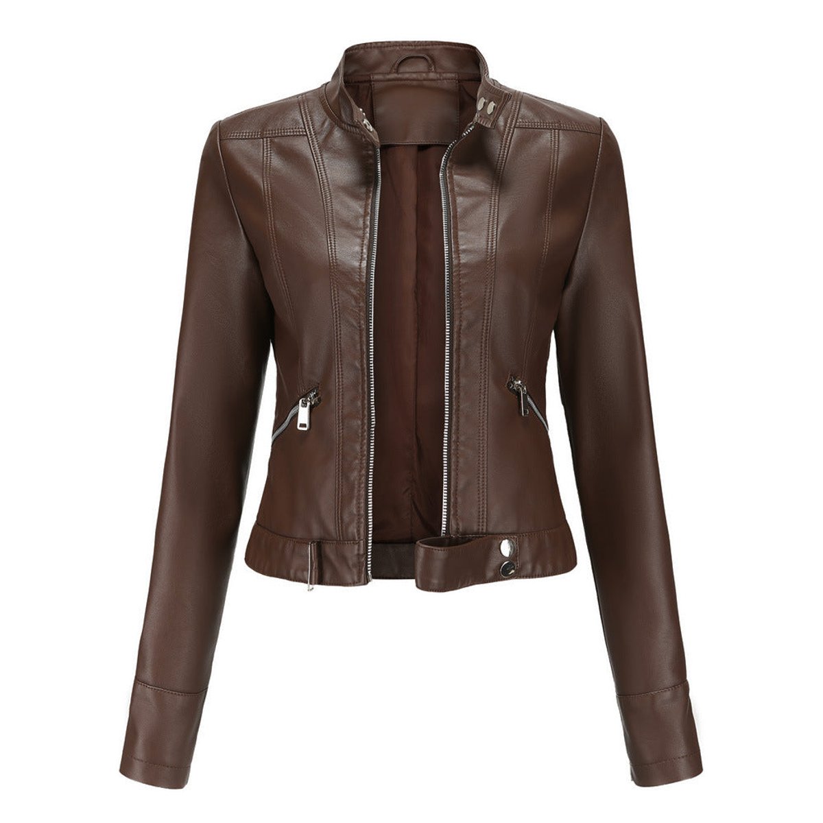 Women's Cropped Stand-Collar Faux Leather Jacket - Brown
