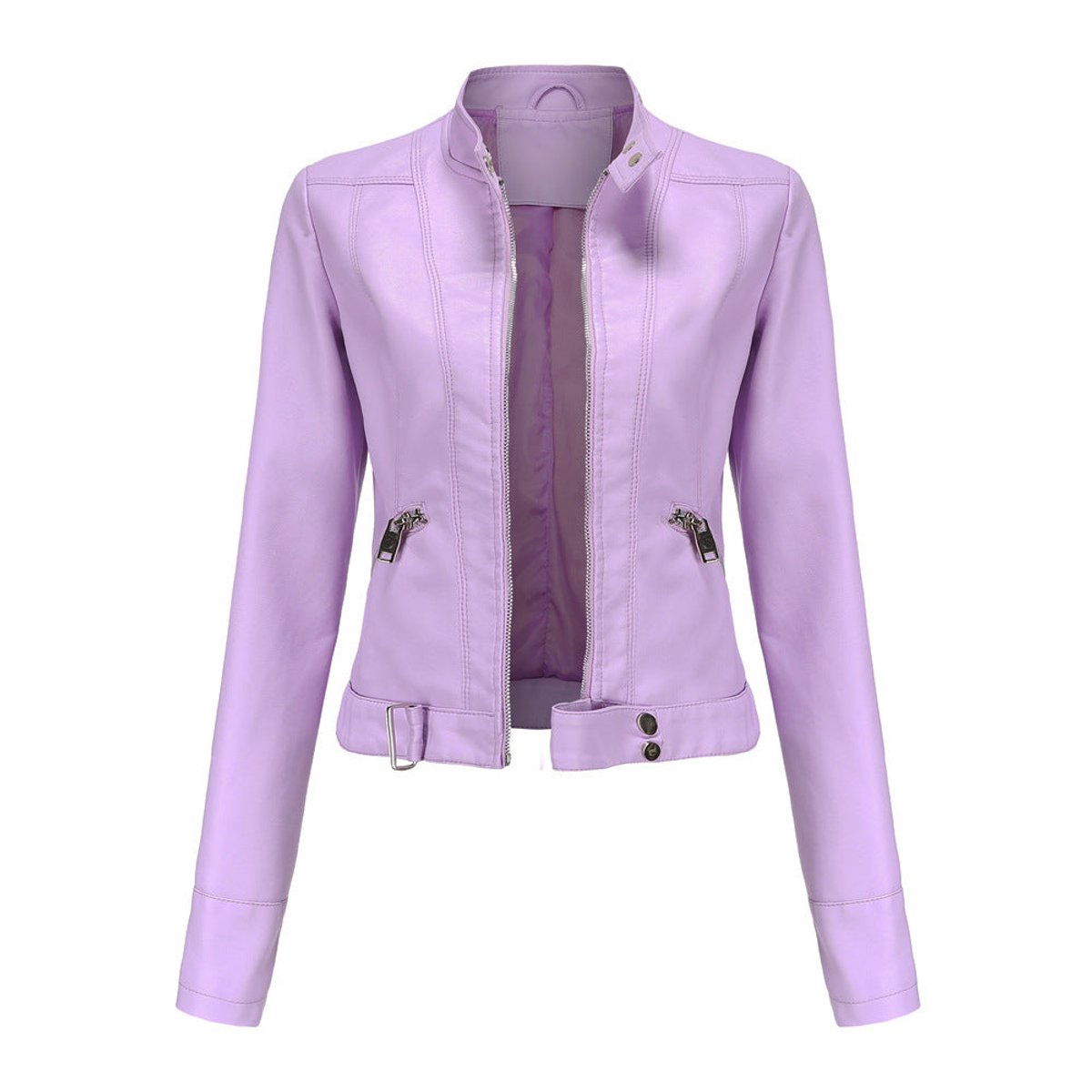 Women's Cropped Stand-Collar Faux Leather Jacket - Lilac