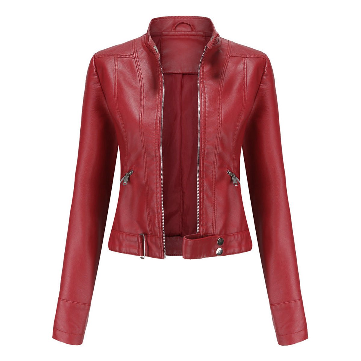 Women's Cropped Stand-Collar Faux Leather Jacket - Red