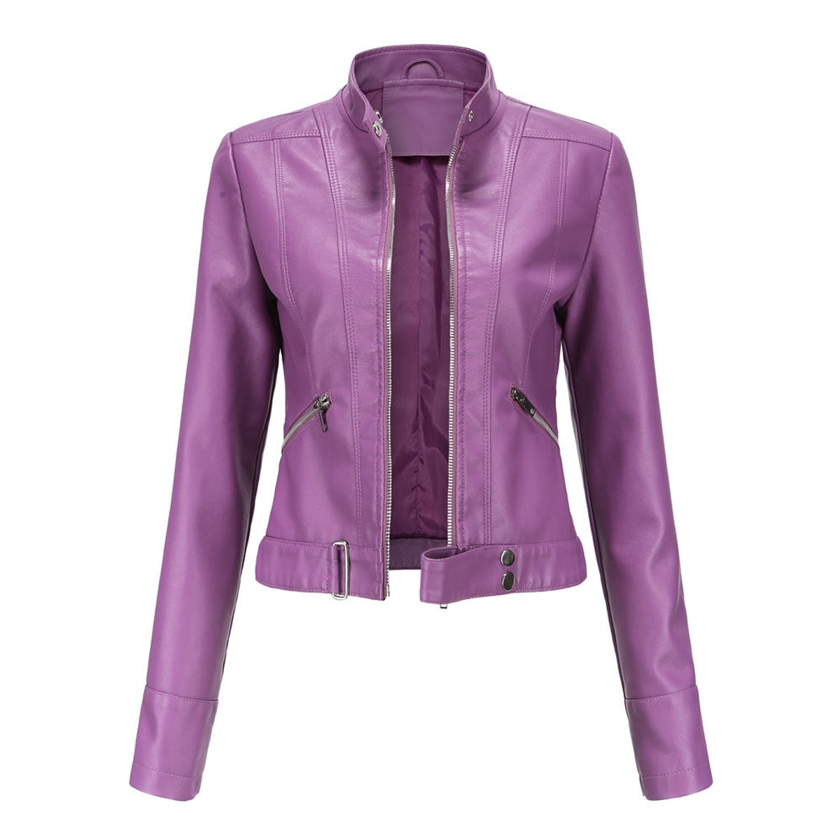 Women's Cropped Stand-Collar Faux Leather Jacket - Dark Violet