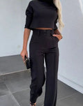 Women's Cropped Top and Wide-Leg Trouser Set - Black