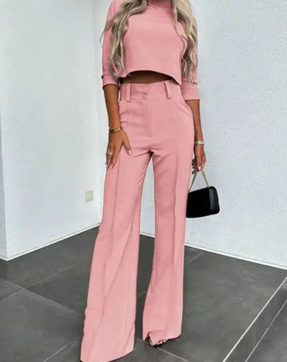Women's Cropped Top and Wide-Leg Trouser Set - Pink